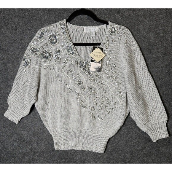 Vintage Nannell Hand Knitted Silver Sequin Dolman Sweater Top - Size M - Picture 1 of 3